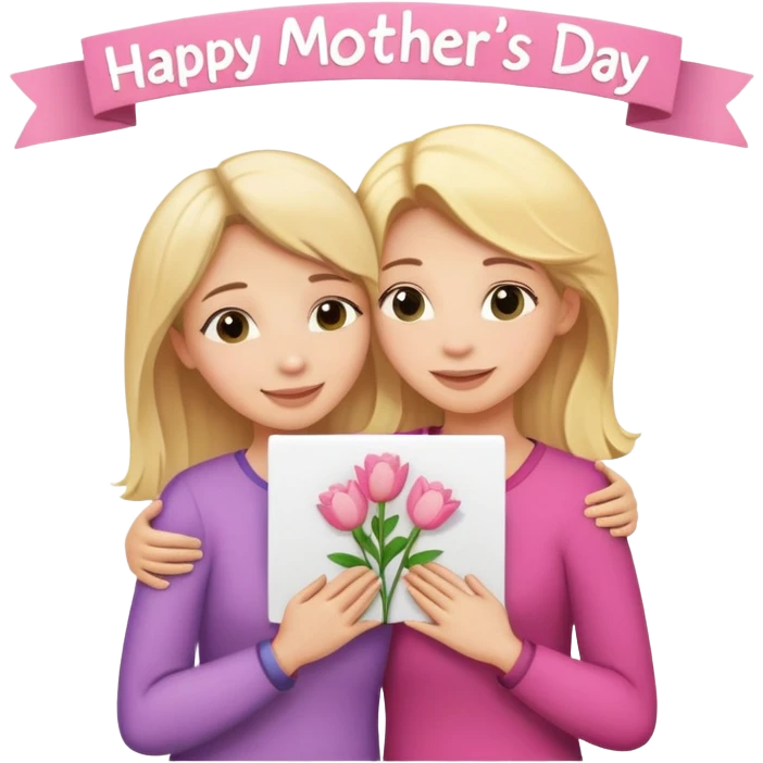White woman with blonde hair and white woman with blonde hair, hugging with a sign that says happy Mother’s day above their heads emoji