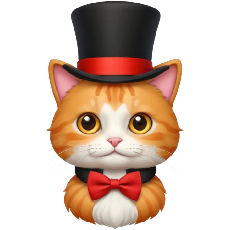 Cute emoji-style orange tabby cat wearing a black top hat with a red band and a red bow tie, big round eyes, fluffy fur, clean mascot style, centered, transparent background, 1:1 ratio. emoji
