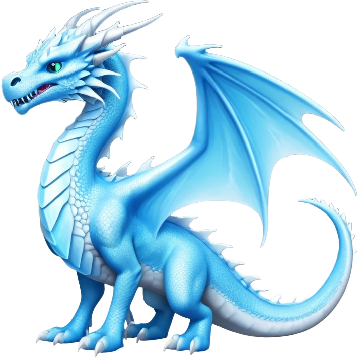 Cinematic Noble elegant Ice Dragon full body Emoji, Poised and imposing, distinct long elegant snout, with a slender, scaled body shimmering in glacial hues of icy blue, frostbitten silver, and crystalline white, breathing out frost, with piercing, glowing eyes that radiate the chilling depths of an arctic storm; rendered in detail. displaying its wings emoji
