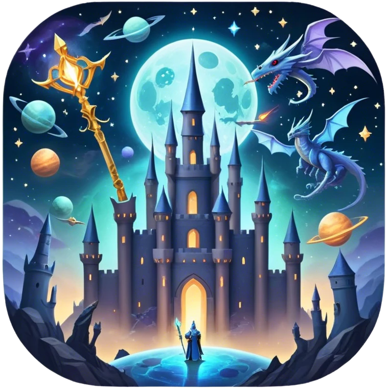 Fantasy and Sci-Fi Movies: A magical collage with a glowing sword, flying dragons, and futuristic spaceships. Stars and planets shimmer in the background, with a mystical castle and an ancient wizard holding a staff. The atmosphere is epic, otherworldly, and adventurous. Transparent background. emoji
