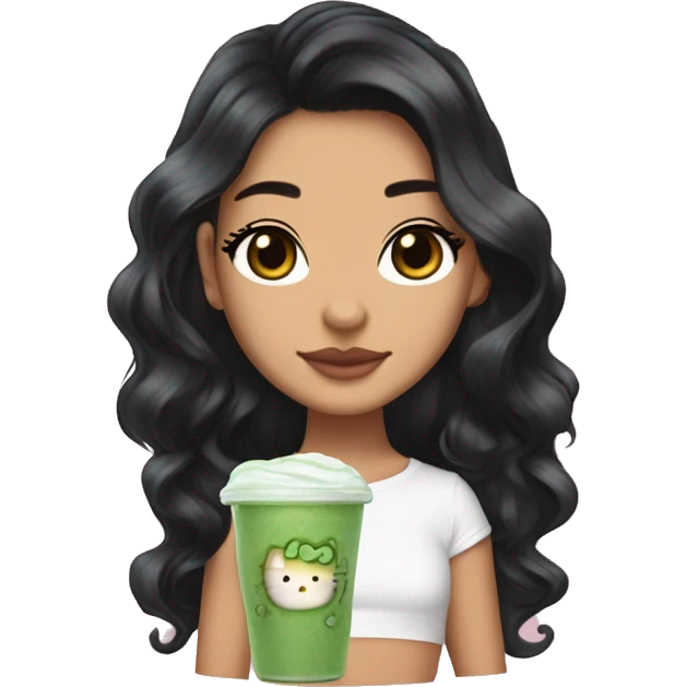 5’2 Latina lightskin that loves hello kitty and iced matcha latte with strawberry cold foam, she has black hair and brown eyes and is hella small emoji
