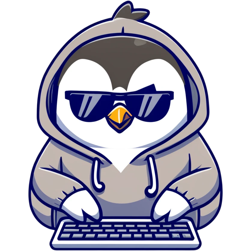 A cool penguin wearing a hoodie with sunglasses perched on head, typing with one flipper on a sleek keyboard emoji