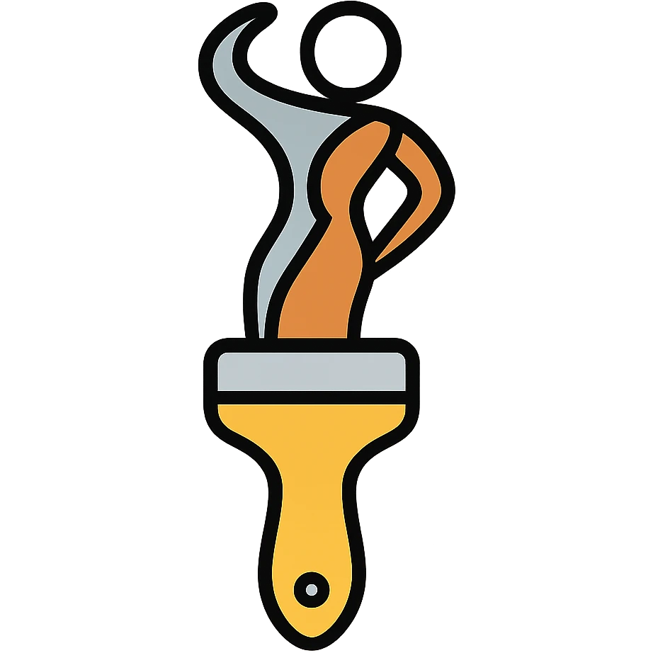 A paintbrush transforming into a silver and bronze metallic human figure sculpture, artistic identity symbol, with reflective surface emoji