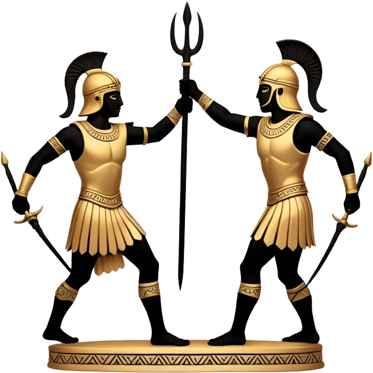 Cinematic-realistic Grecian urn, an exquisite black-figure pottery masterpiece resting in the dim glow of an ancient temple. Intricate golden depictions of two warrior fighting with spears and warriors encircle its curved form, telling timeless myths of heroism and tragedy.  emoji