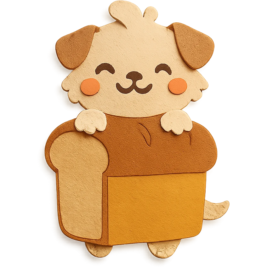 chibi bread maker-dog hybrid, fluffy, peeking from a bread loaf, cheerful, warm beige, full-body emoji