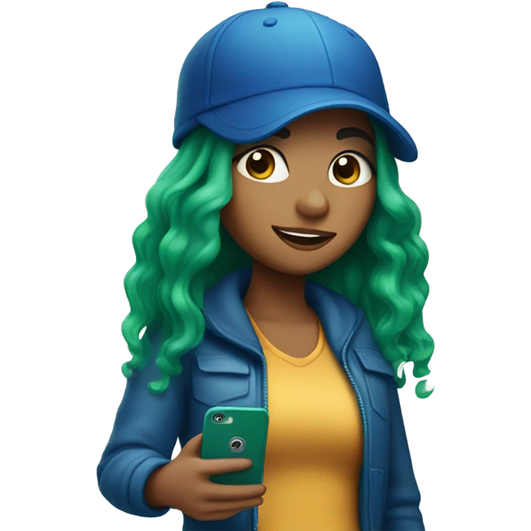 Make a picture of a girl with a cell phone and green hair with a blue hat emoji