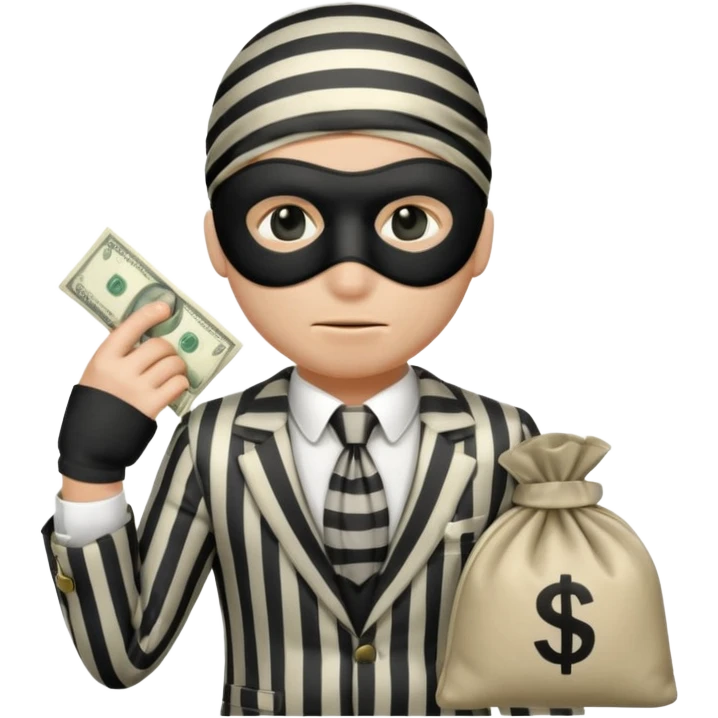 A thief with a bag of money on his back, wearing a striped suit and a black eye mask emoji
