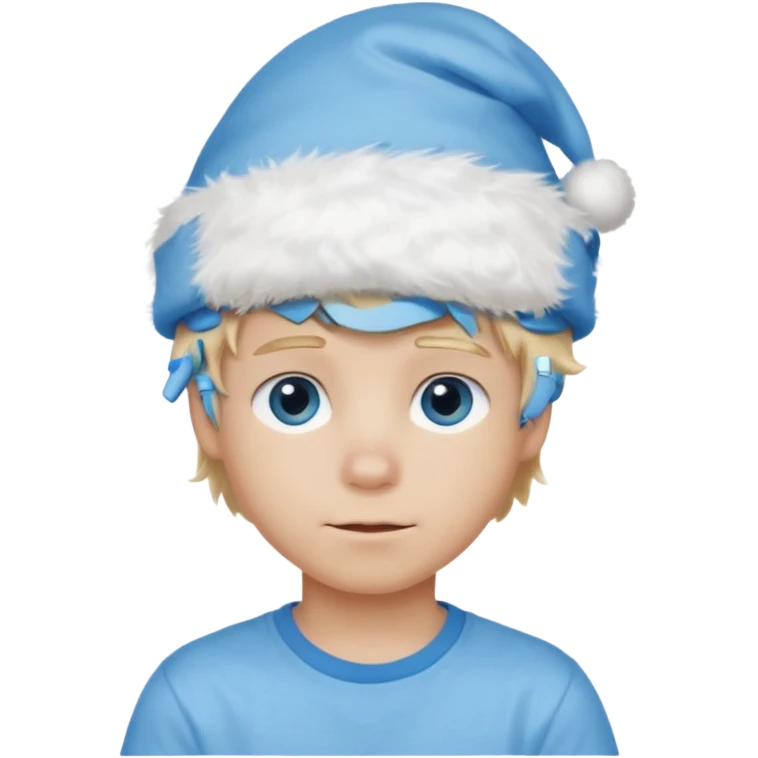 create boy blonde hair long messy, light eyes, white t shirt, rich, long hair, eyes blue, acessory head cristimas blue hat, fluffy hair emoji