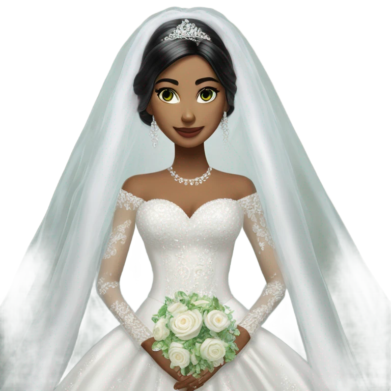 Hyper Realistic ornate ballgown long sleeve Wedding dress with diamanté on Russian bride with green eyes and long black hair with veil emoji