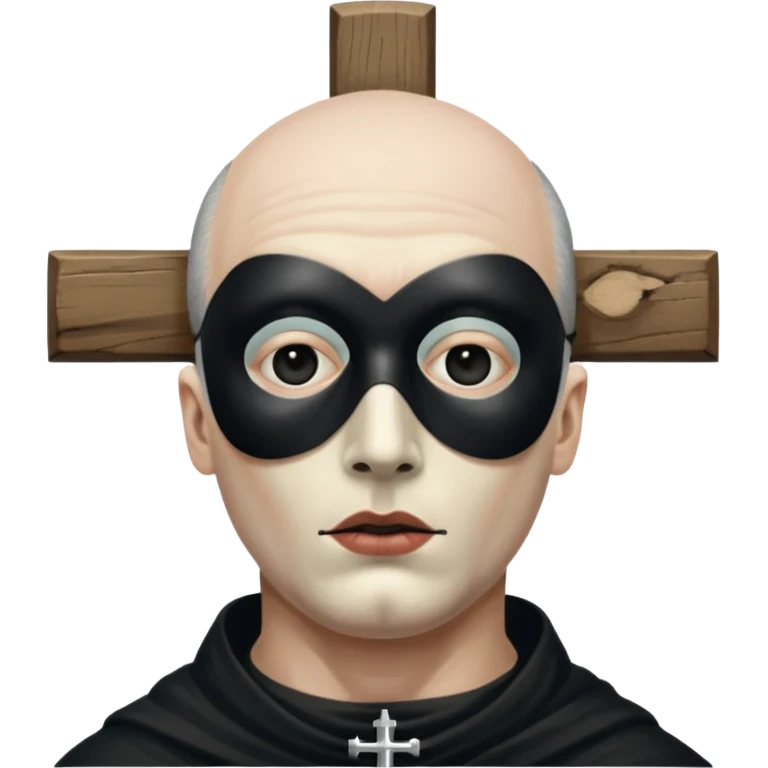 cinematic ultra HD portrait of Joel-Peter Witkin,  he wears a small black mask with a crucifix over his eyes emoji