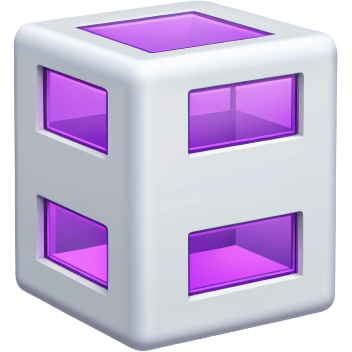 Сделай русскую панельку белого цвета. Она должна быть в виде куба, а также с окнами 3 на 3 на каждом фасаде. Некоторые окна неоново-фиолетовые. emoji