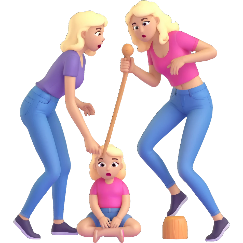 blond woman sitting on her knees with wide eyes, another man in jeans is staying (not sitting) on her left, she's holding a wide skin-colored stick with a D-shaped knob, the stick and the nob have skin texture, water squirting from the knob into her mouth, shocked face emoji