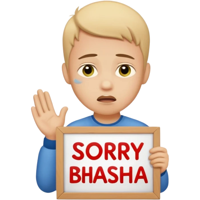 Fair Boy with sign written sorry bhasha with crying emoji emoji