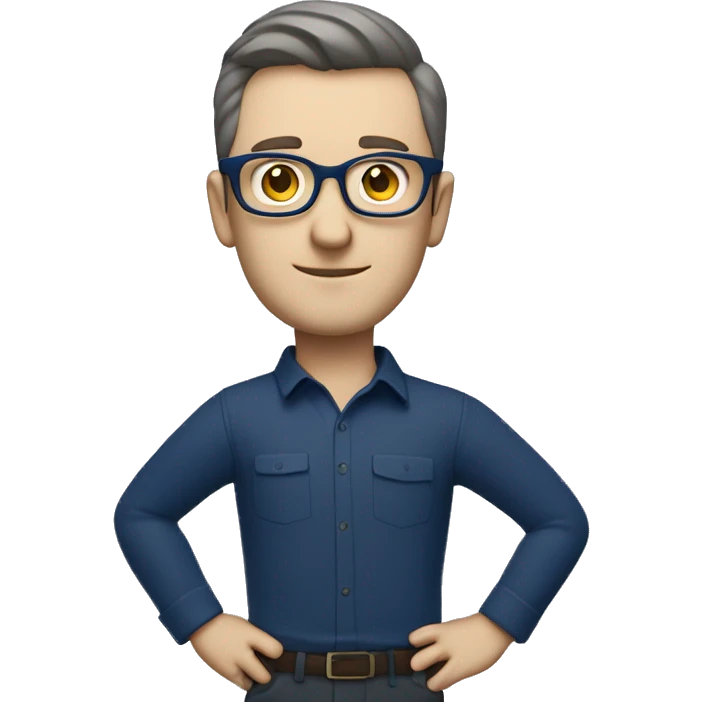 caucasian white man with dark hair, blue glasses, and carrying design plan because he is an architect and a pencil and a set model maquette. wearing a navy blue long sleeve shirt. smart.  emoji