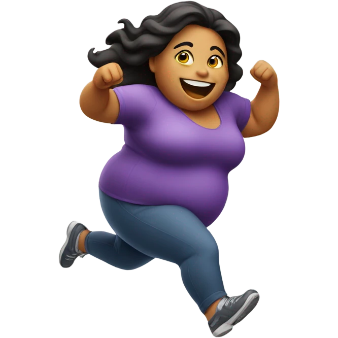 fat woman running towards the camera smiling emoji