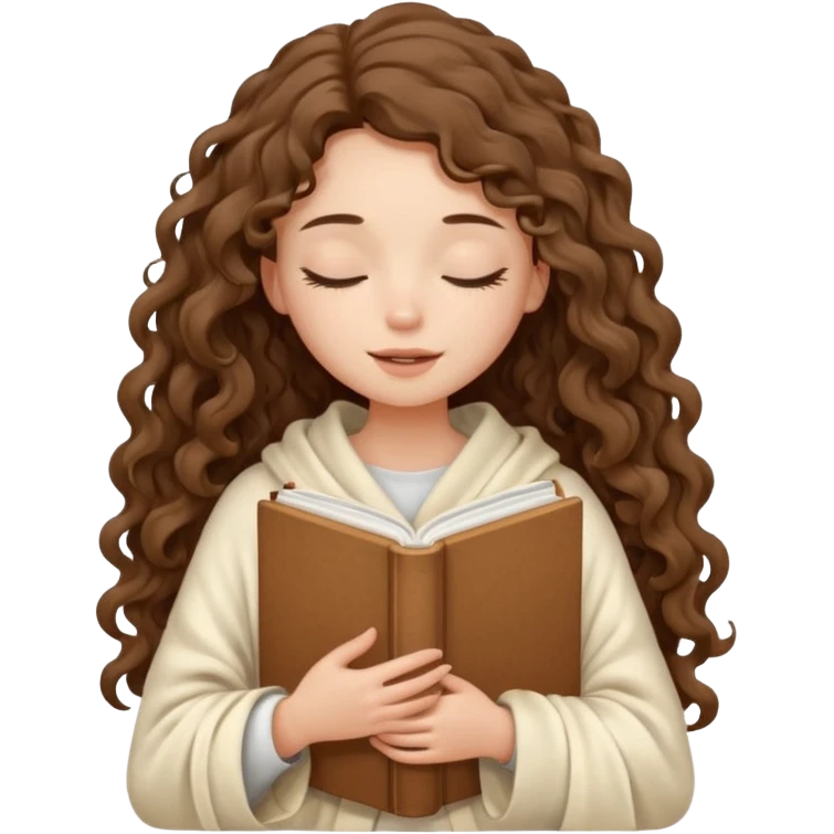 a slender girl with fair skin with long curly brown hair, the girl closed her eyes and wrapped in a cream blanket, holding a white book in her hands emoji