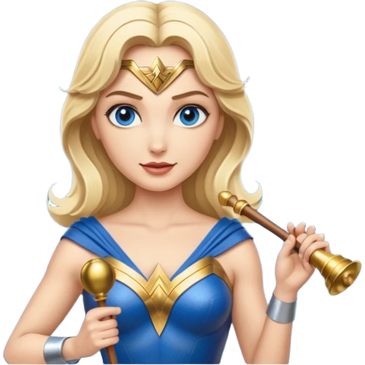 Blonde blue eyes Wonder Woman holding bell and short white orchestra conductor’s baton  emoji