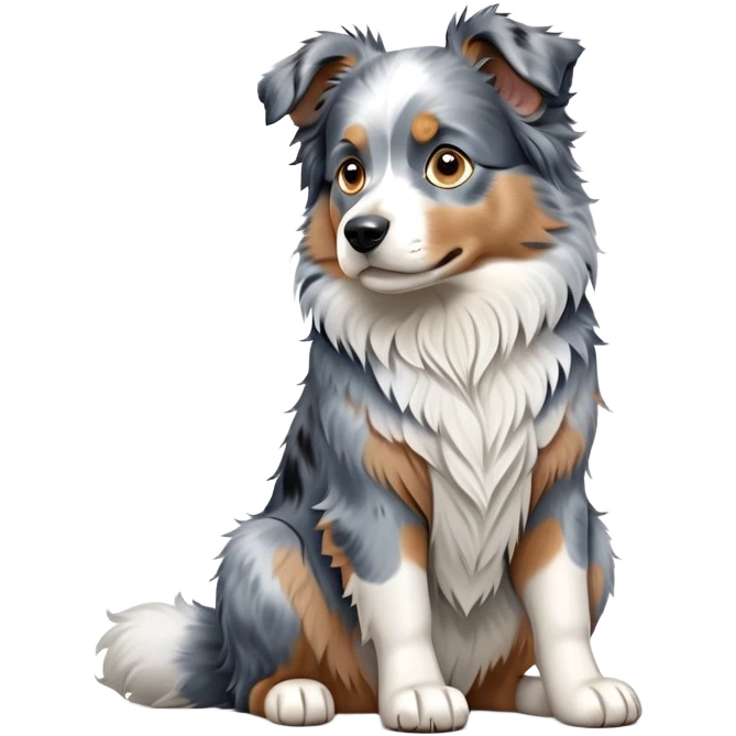 cinematic-[australian shepherd dog]-realistic-full-body-sitting-emoji,-tail-resting-loosely-beside-its-paws,-head-tilted-dramatically,-scruffy-[blue merle]-fur,-simplified-yet-realistic-focused-features,-highly-detailed,-glowing-with-an-almost-sarcastic-glow emoji