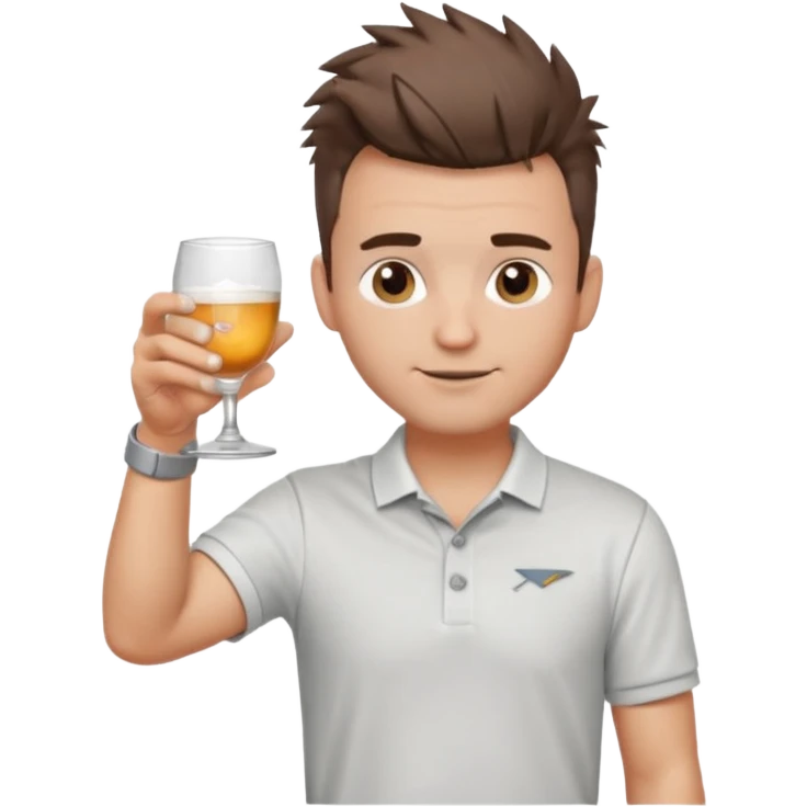Handsome male.short messy brown hair.mowhawk hairstyle. wearing white golf shirt.grey shorts. Cheersing with a small glass. Wedding ring emoji