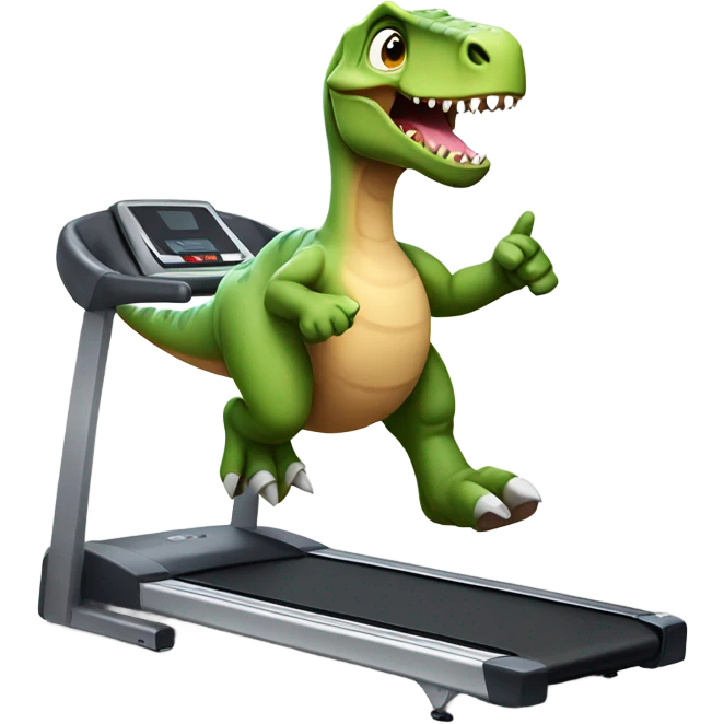 dinosaur runs on a treadmill and shows a thumbs up emoji