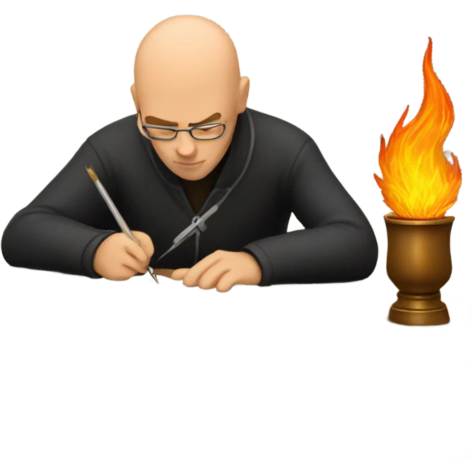 bald guy writing with a quill that's on fire emoji