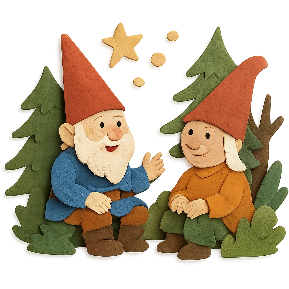 two gnomes in a forest, sitting next to each other, talking, magical details, layered paper look, paper craft style emoji
