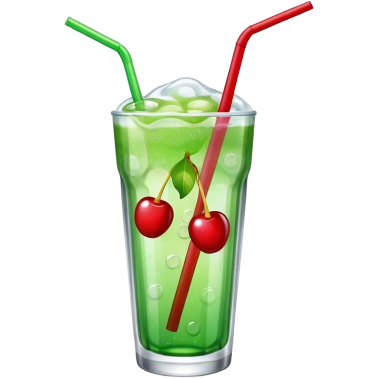 Create an emoji with a clear rounded glass, bright transparent green soda with fine bubbles, a smooth vanilla scoop, a glossy red cherry, and a red straw, using vibrant colors, soft shading, and clear glass highlights.
 emoji