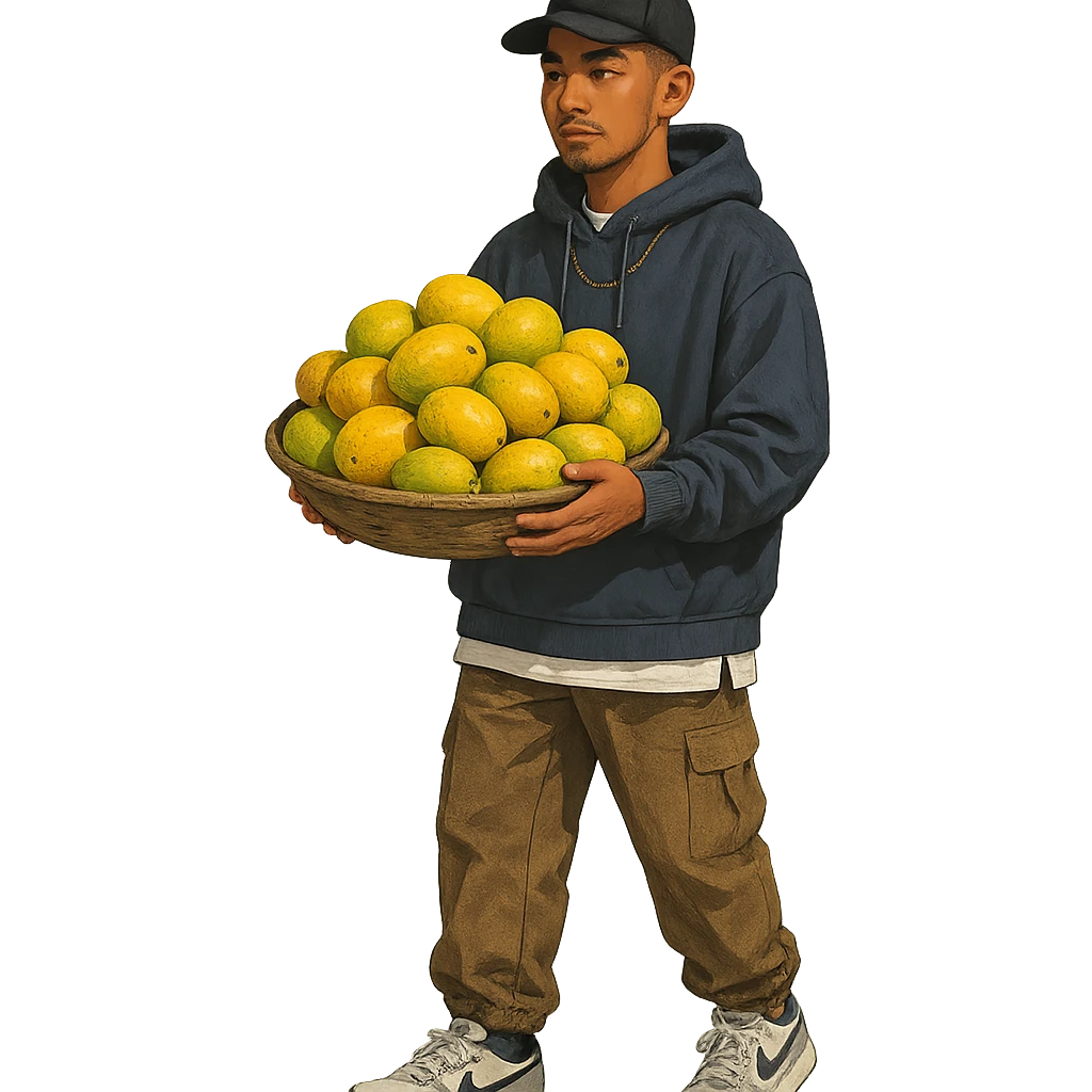 a stylish mango vendor in urban streetwear, with a cap and sneakers, carrying mangoes emoji