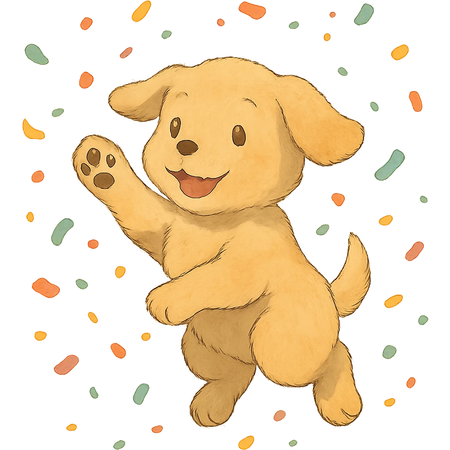 puppy jumping in confetti with paw up, soft ghibli style emoji