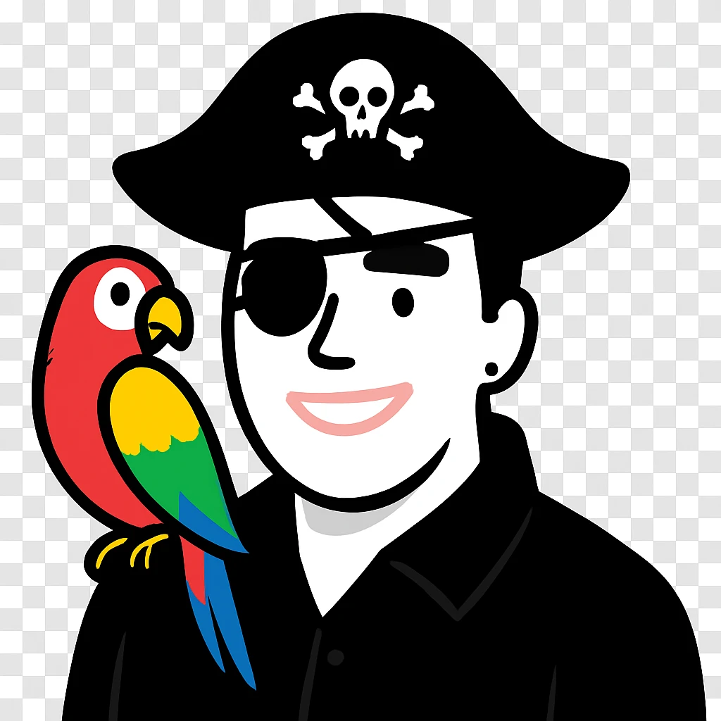 smiling pirate avatar with eye patch and colorful parrot emoji