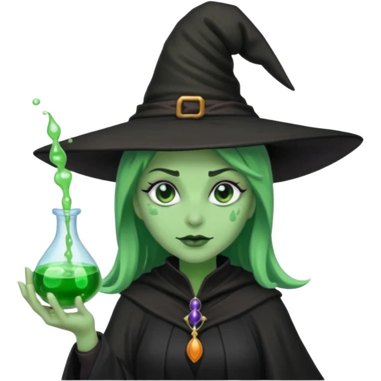 Witch with Green Skin – long-nosed witch in black hat holding potion emoji