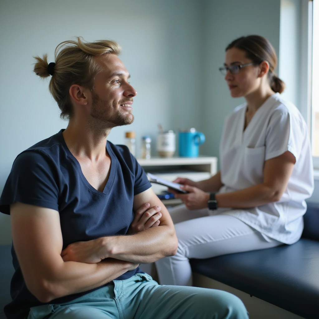 realistic image of a patient showing discomfort during therapeutic exercises, realistic medical environment, physiotherapist observing and taking notes, realistic details, clinical atmosphere, visible medical instruments emoji