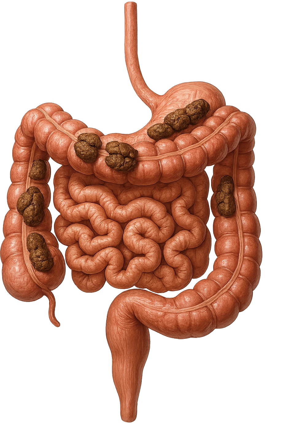 intestino umano anatomico realistico con feci spezzettate iperrealistiche sotto emoji