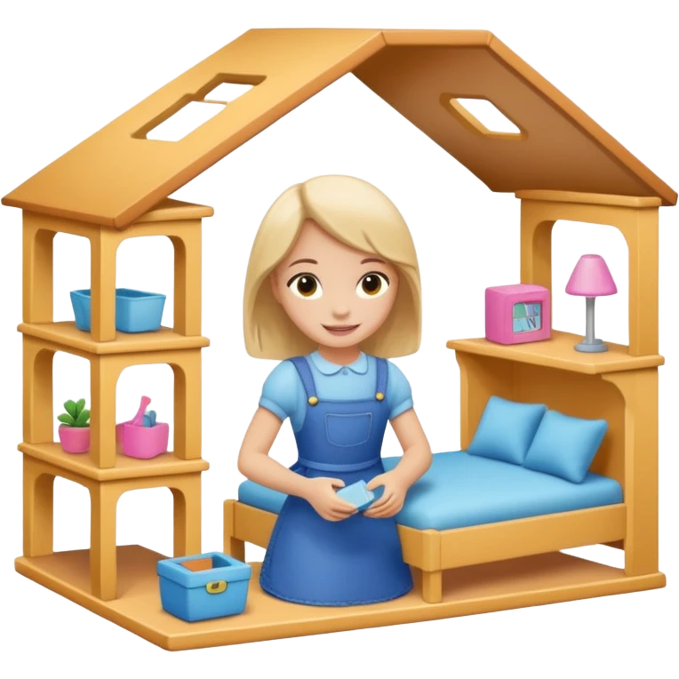 smiling girl arranging furniture in doll house emoji