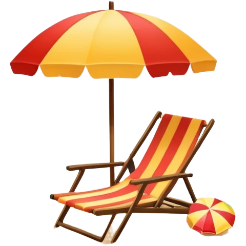 Vibrant Icon for Beach Tourism: a sunny beach with the sea, a lounge chair, a sun umbrella, and flip-flops. The icon should capture the essence of a relaxing beach vacation with a carefree atmosphere. Transparent background. emoji