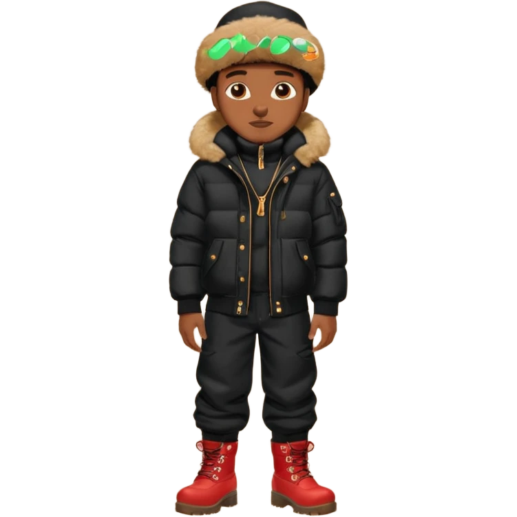 Handsome Black guy with brown skin tone, wear black joggers, a black bubble coat with a fur brim on the hood, and buckwheat timberland boots emoji