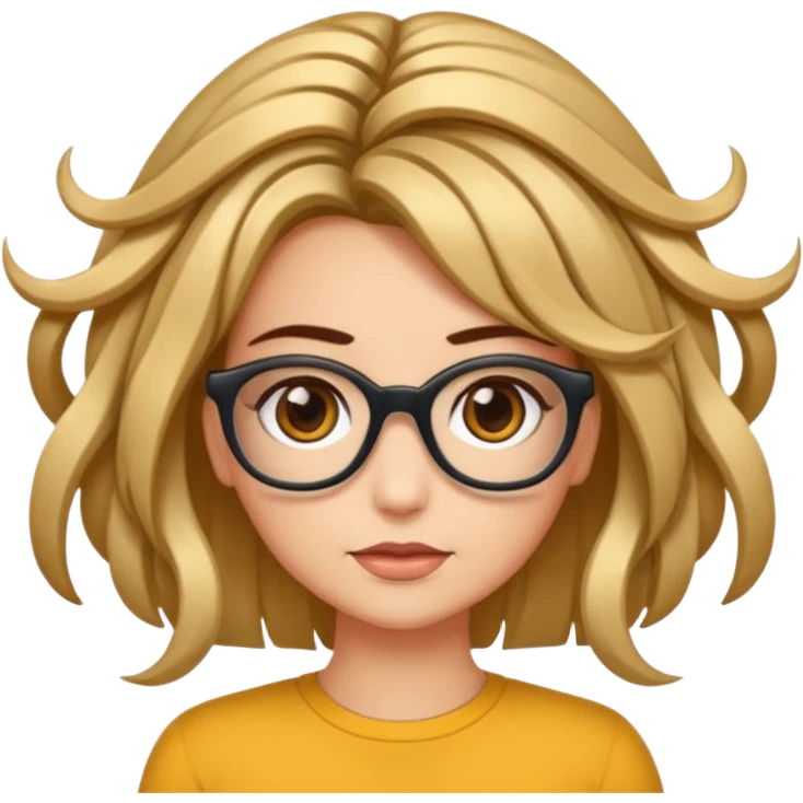 Uma garota de cabelos encaracolados compridos e mechas bem loiras, com pele morena  e óculos emoji