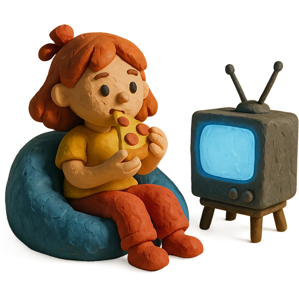girl on beanbag, TV glowing, eating pizza emoji
