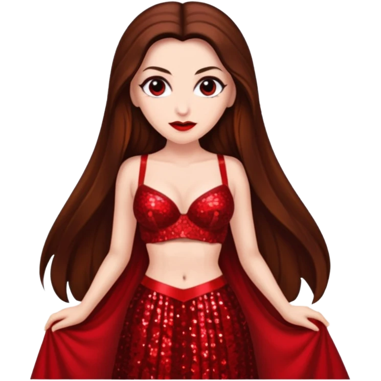 Countess Dracula with long brown hair, red sequin bra, red sequin long skirt  emoji