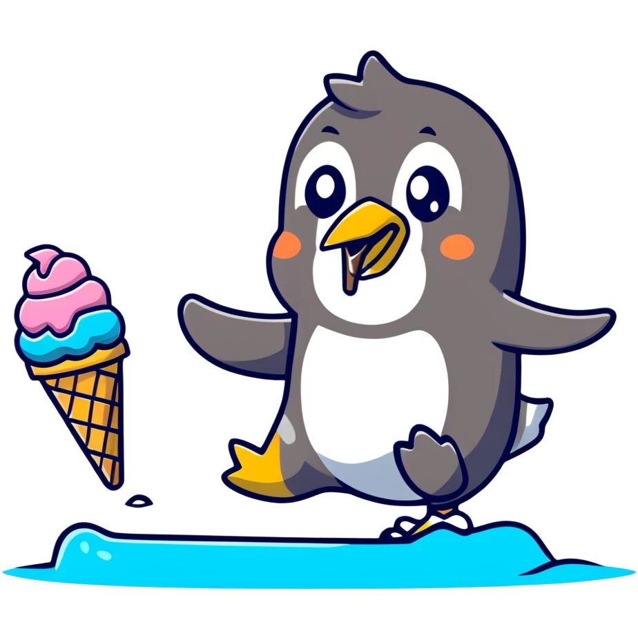 Clumsy penguin slipping on ice with ice cream cone emoji