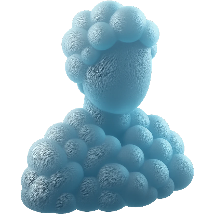 shoulder-up portrait of a person facing forward, fully composed of bright, convex clouds, matte glass style emoji