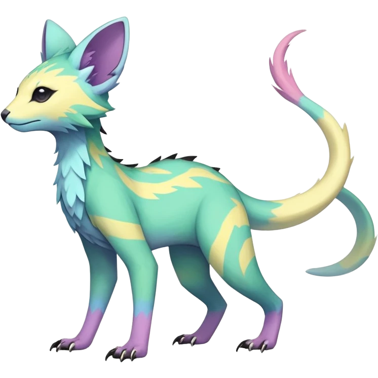 Rare realistic exotic edgy pastel epic pretty beautiful handsome gorgeous aesthetic colorful vibrant Vernid-Trico-species-Fakemon-creature by LiLaiRa, 4 legs, 1 tail, random markings, (full body) emoji