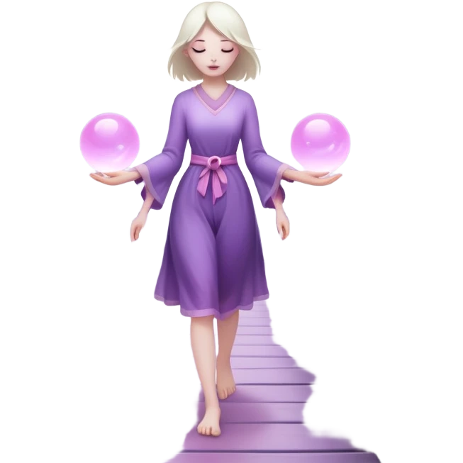 A small figure walks back across a foggy bridge, holding soft pink and purple orbs in each hand—symbolizing compassion and forgiveness. A gentle heart aura trails behind them, showing healing in motion. emoji