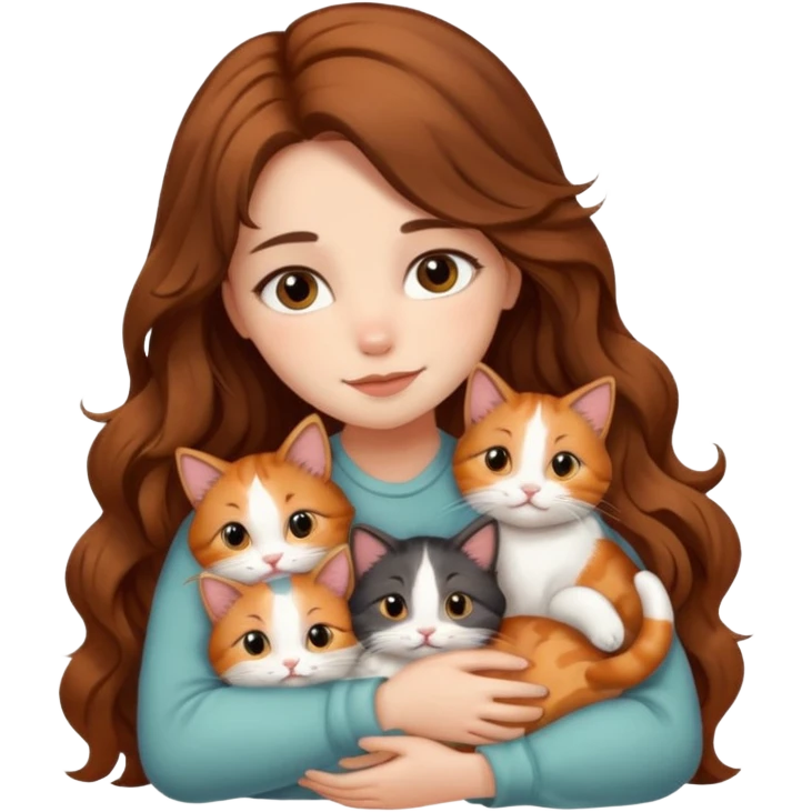 pretty girl with long wavy brown hair snuggling 6 cats emoji