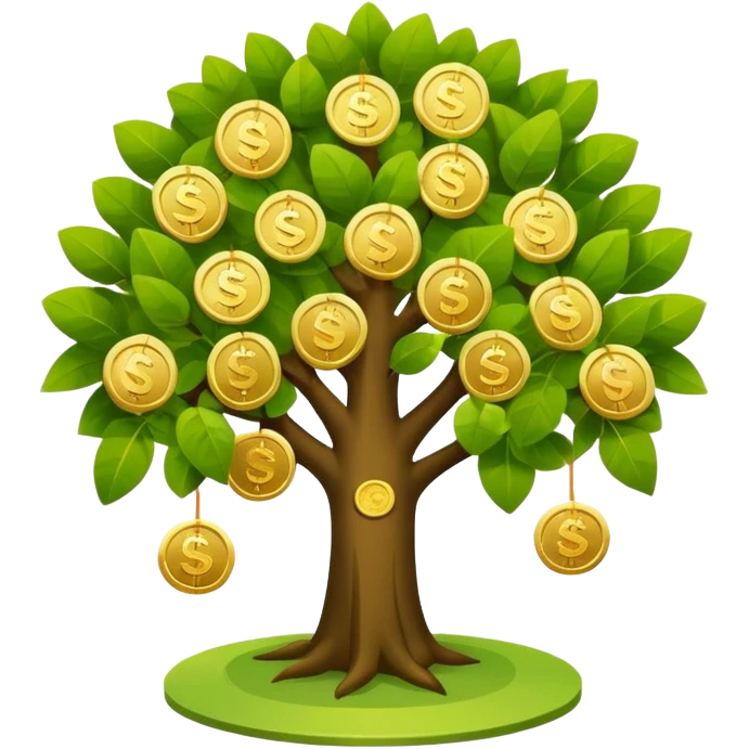 Apple-style money tree (10 coints), round soft green canopy.
No pot, no ground — only the tree.
Small gold coins as fruits inside the leaves (not below).
Flat 2D vector, clean shapes, no gradients.
Dark near-black background, premium fintech icon. emoji
