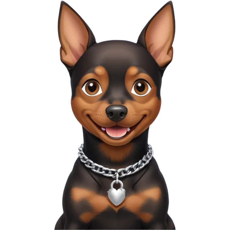 a pinscher dog black and brown sitting and smiling with a silver chain in the neck emoji