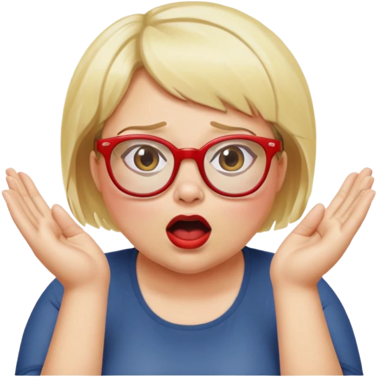 emoji Une femme blonde , cheveux court, en leger surpoid, avec des lunnettes avec des monture rouge, qui cri avec les main de chaque coté de la bouche emoji