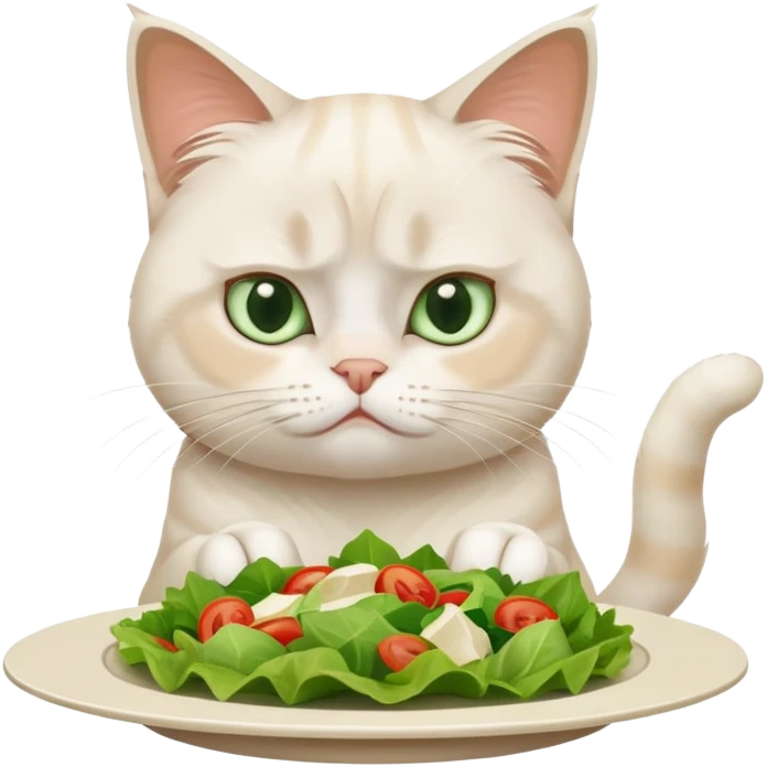grumpy white cat sitting at a table, looking confused with its ears slightly back. In front of the cat is a plate with a salad emoji