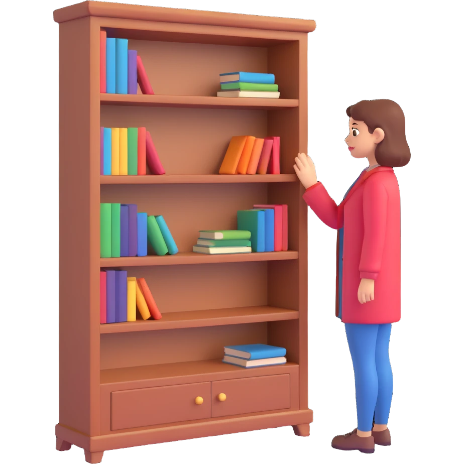 a woman looking at a small bookcase emoji