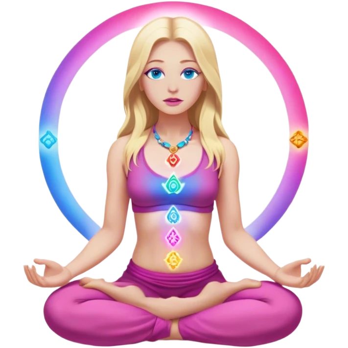 A cinematic realistic blonde with long hair, blue eyes and pink lips
meditates, her 7 chakras glow. emoji